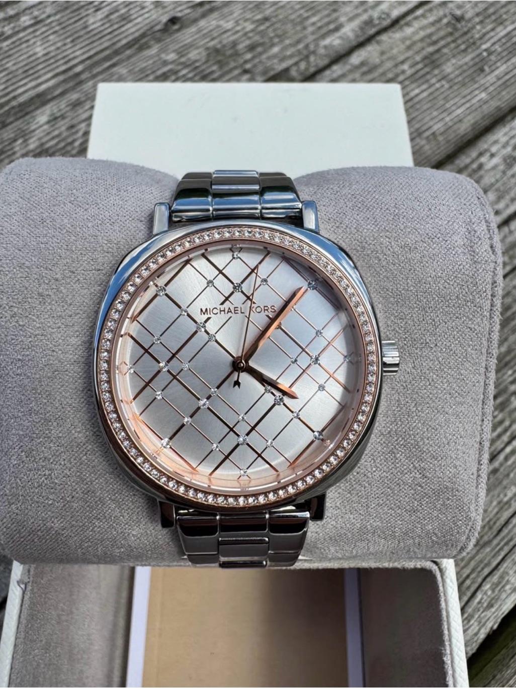 Michael Kors Silver And Rose Gold Quilted Dial Crystal Bezel Bracelet Watch
